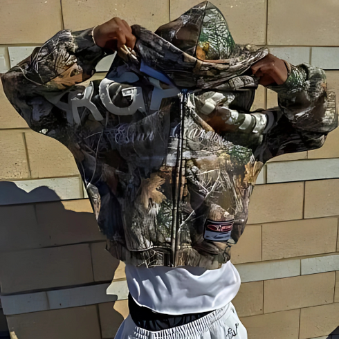 Camo Leaf Splice Zip Sweatshirt – Unisex Harajuku Streetwear